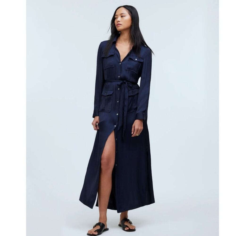 NWT Madewell Satin Button-Front‎ Utility Shirtdress in Deep Indigo Size XXS